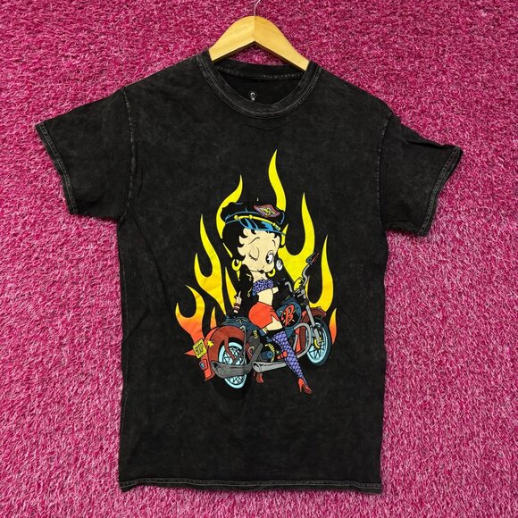 Betty Boop Biker Betty Flames Graphic Tee Charcoal Small - Picture 1 of 4